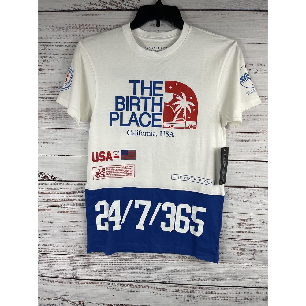 The Birth Place Shirt Men's SZ S White Blue California USA Graphic 24/7/365 Tee